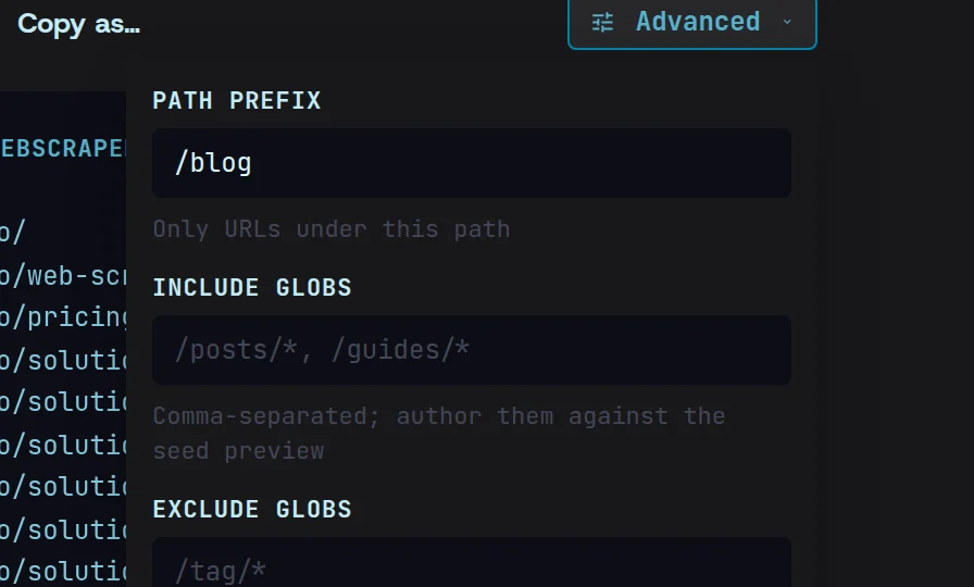 The crawl narrowed to the /blog path prefix in Advanced, beside the sitemap preview.