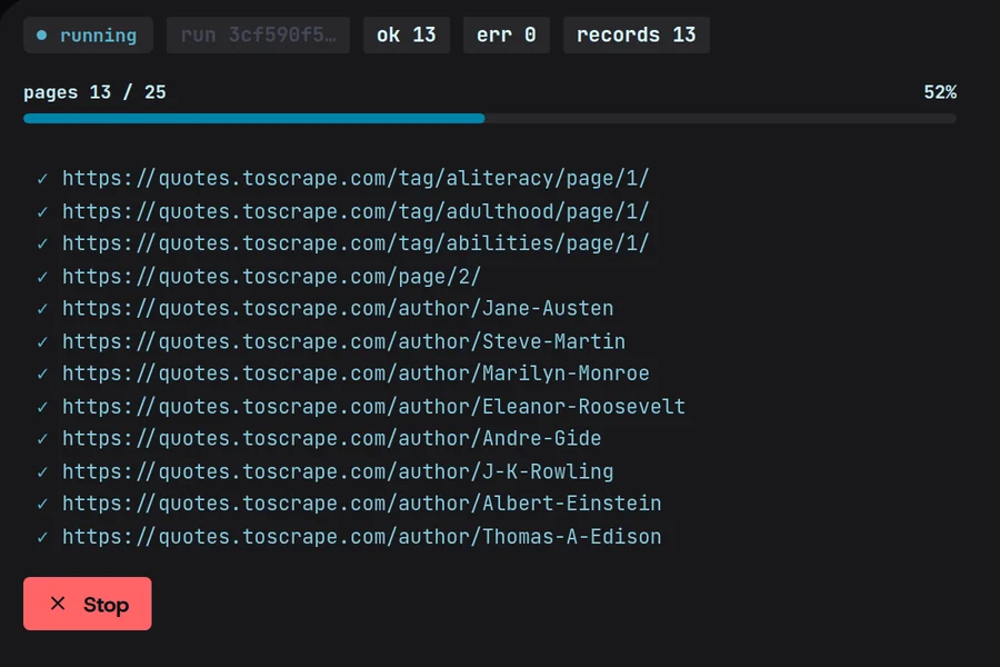 Magpie’s Crawl screen mid-run on quotes.toscrape.com: 13 of 25 pages, no errors, each fetched URL ticked off as it lands.