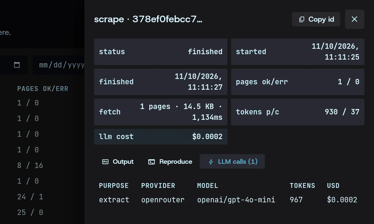The run in History: 930 prompt and 37 completion tokens, $0.0002 of LLM cost, and its one call — extract, openrouter, openai/gpt-4o-mini, 967 tokens, $0.0002.