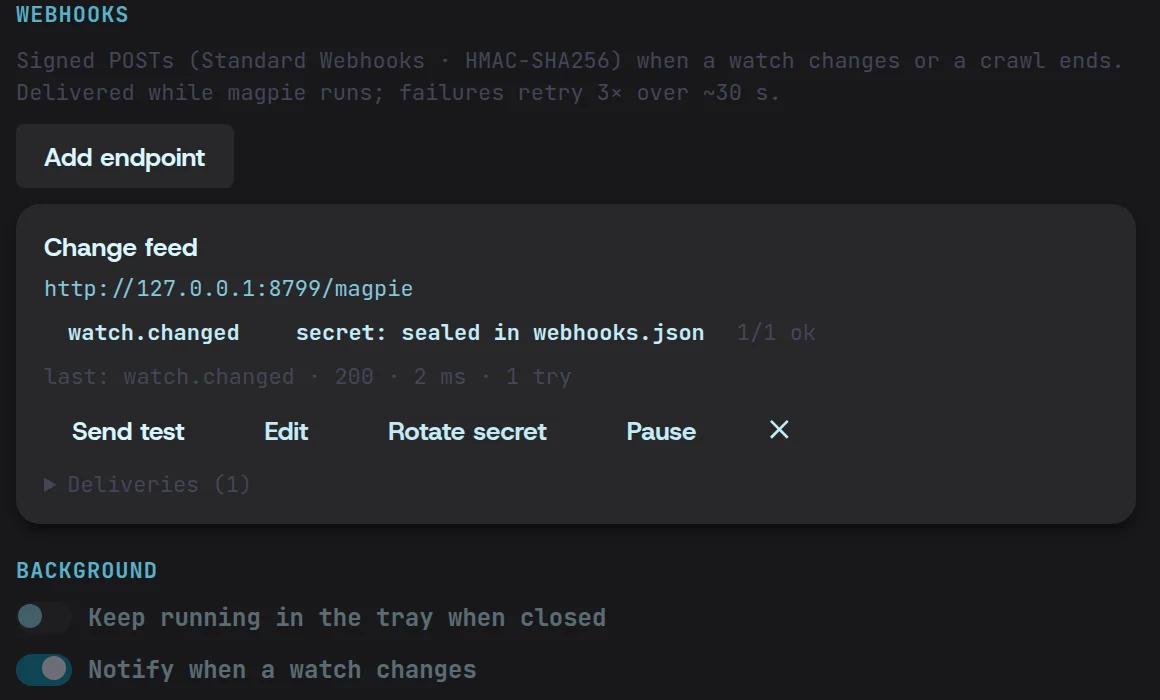 The Change feed webhook in Settings: watch.changed events to a local endpoint, its signing secret sealed, the last delivery 200 in 2 ms on the first try.