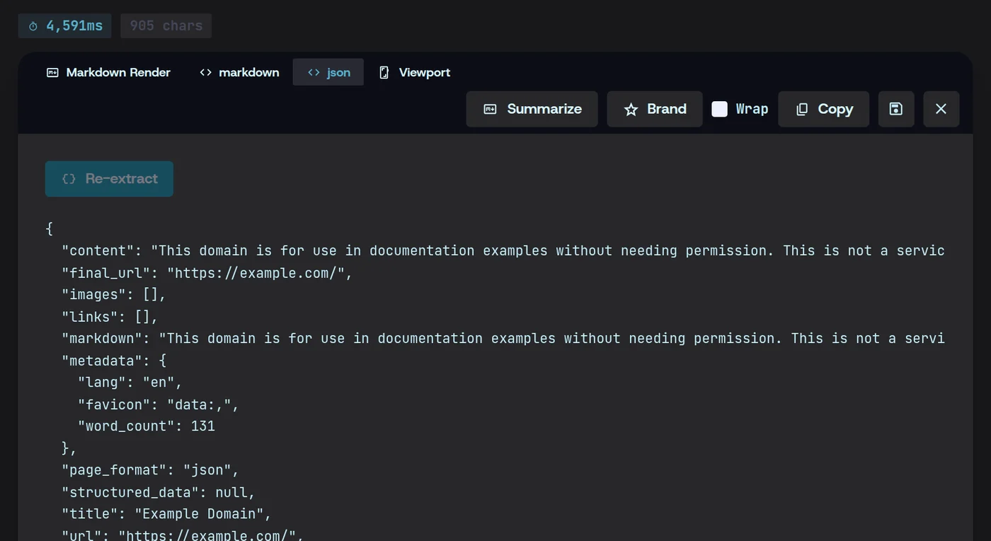 The result pane on its json tab: the example.com record with its url, title, markdown and metadata