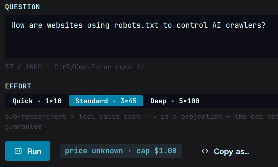Research’s question box: “How are websites using robots.txt to control AI crawlers?” at Standard effort.