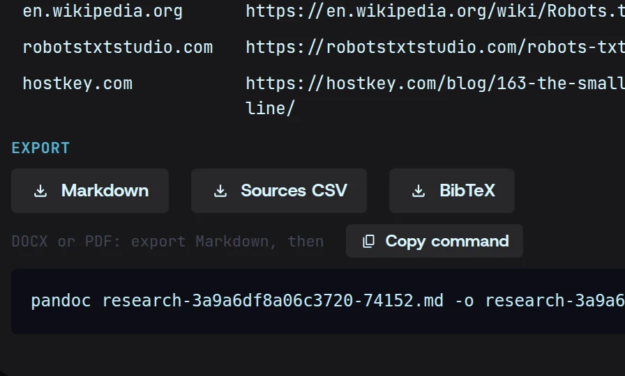 The finished report’s export buttons — Markdown, Sources CSV, BibTeX — and the pandoc command for DOCX or PDF.