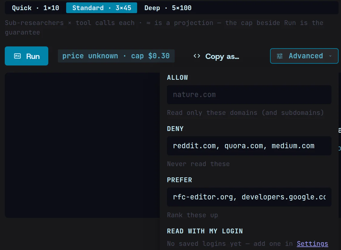 Research’s Advanced panel set never to read reddit.com, quora.com or medium.com and to rank rfc-editor.org and developers.google.com up, for a Standard-effort run capped at $0.30.