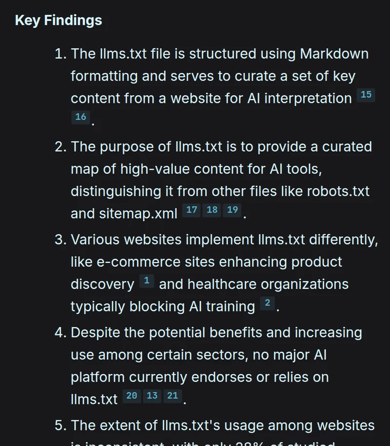 Key findings from a Magpie research report on llms.txt, each sentence tagged with the numbered sources behind it — compiled from 86 usable facts for $0.02.