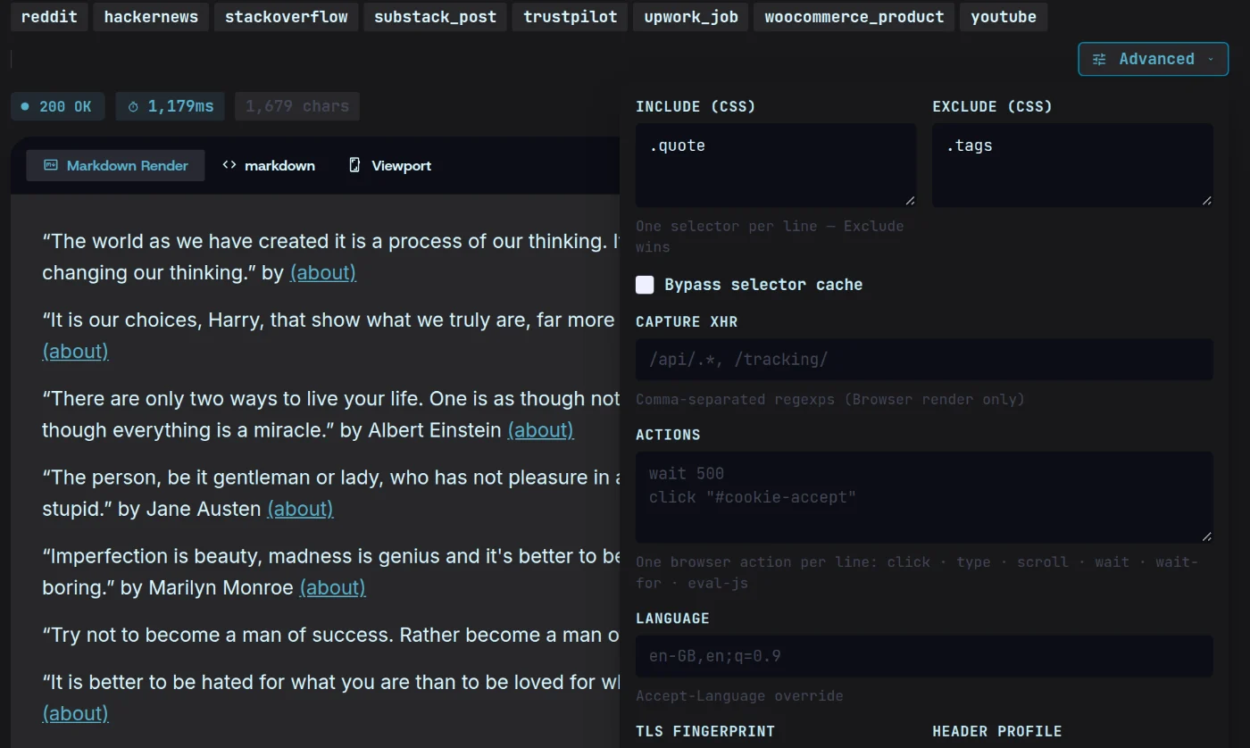 Scrape’s Advanced panel with .quote under Include (CSS) and .tags under Exclude (CSS), beside the result: quotes.toscrape.com’s quotes and authors, everything else left out.