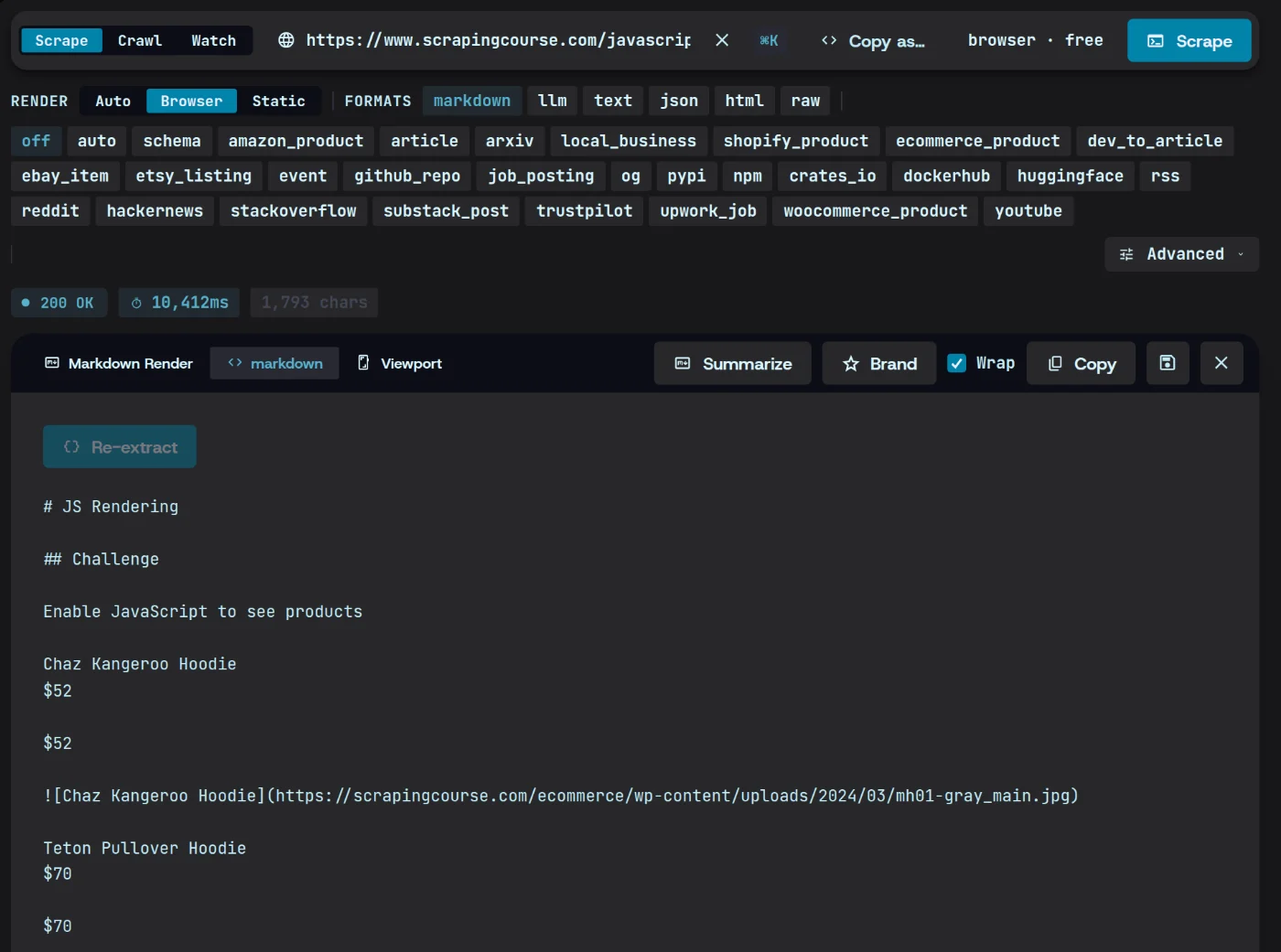 Magpie’s Scrape screen in Browser render: scrapingcourse.com’s JavaScript-rendering demo back as markdown, its products and prices loaded by the page’s scripts — 200 OK.