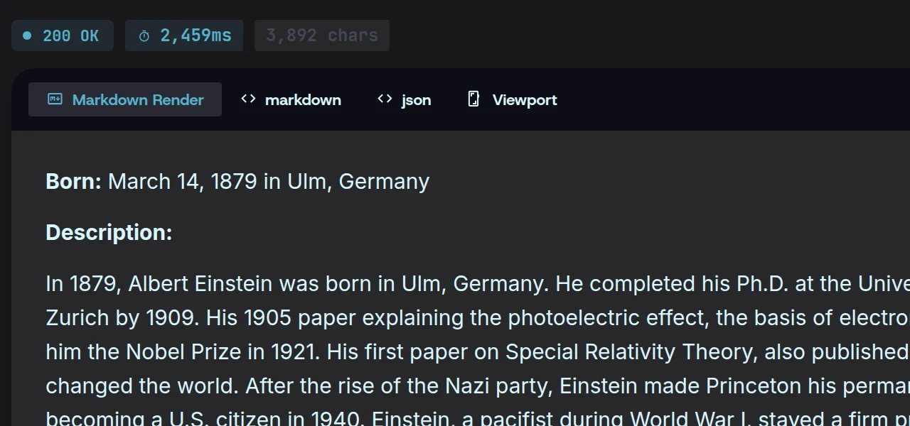 The same page back in 2,459 ms with 200 OK: Albert Einstein’s author page rendered as clean markdown, with markdown and json tabs beside it.