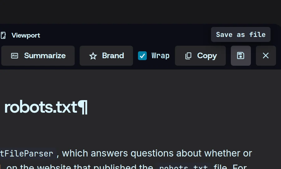 The finished result’s toolbar — Summarize, Brand, Wrap, Copy — with the pointer on Save as file.