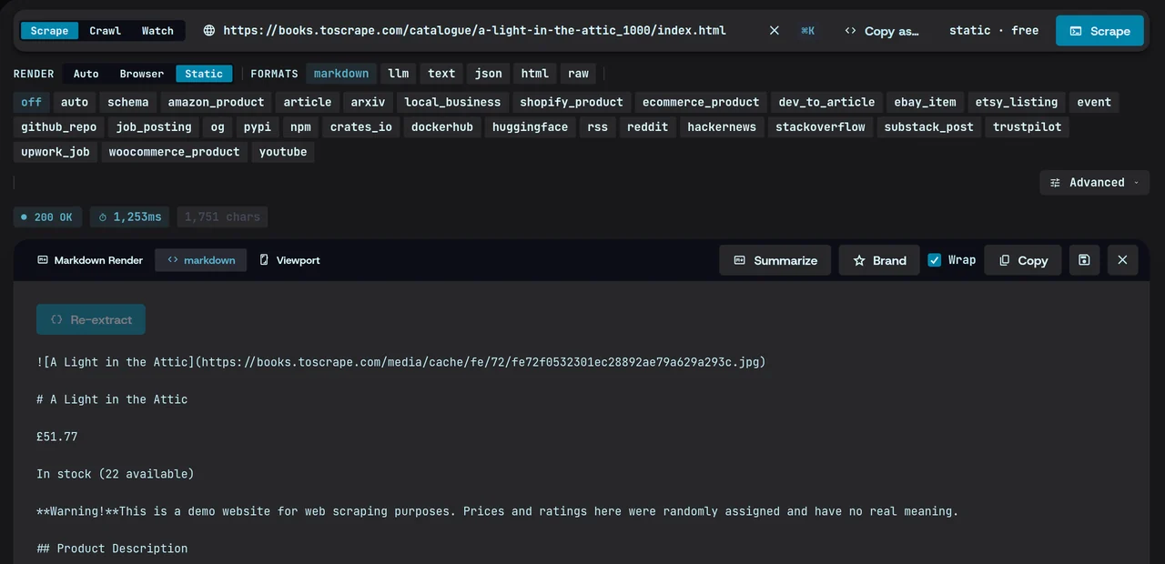 Magpie’s Scrape screen: a books.toscrape.com product page returned as markdown — 200 OK in 1,253 ms, 1,751 characters.