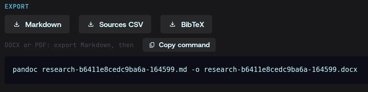 The report’s export row, Markdown, Sources CSV and BibTeX, and the pandoc command that turns the Markdown into a Word file.