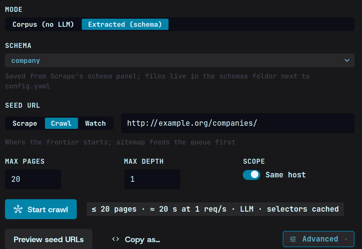 The crawl form in Extracted (schema) mode with the saved company schema and the directory’s address as the seed, 20 pages, one link deep.