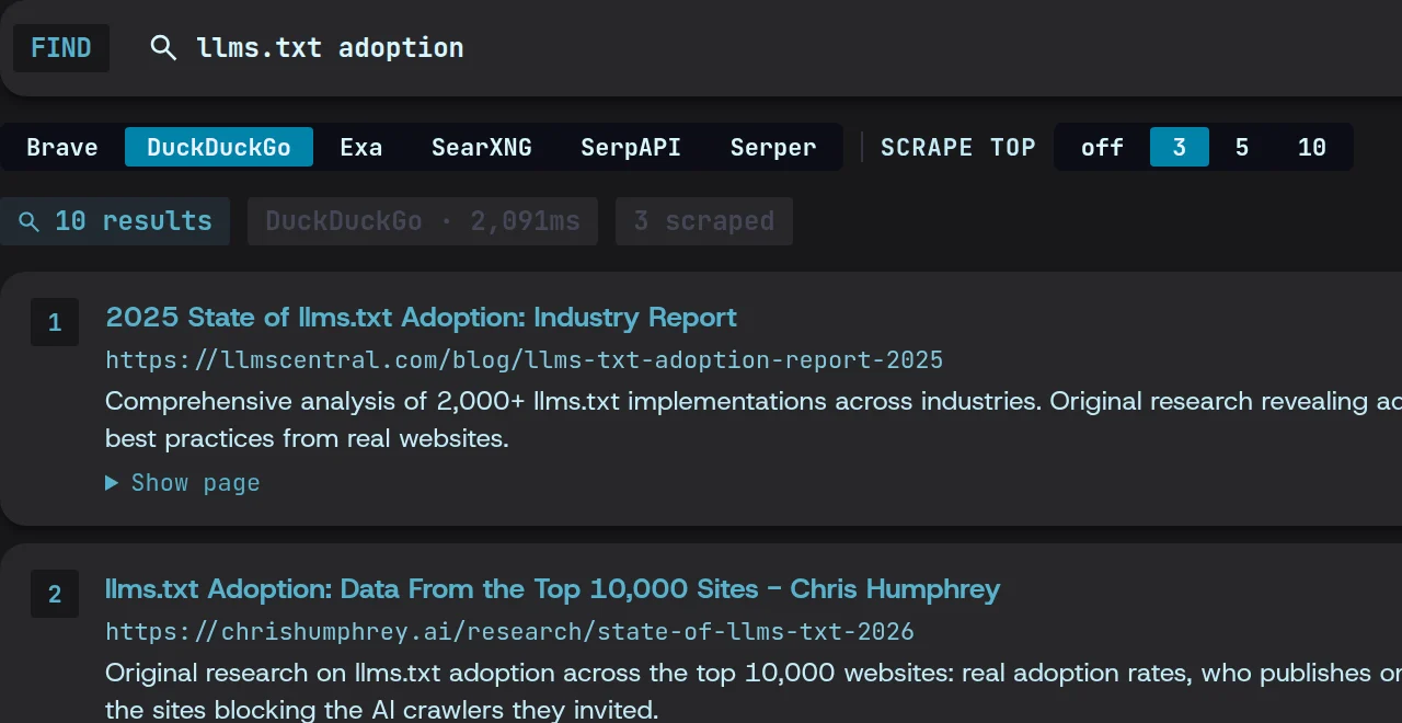 The search bar with “llms.txt adoption”, the six engines and Scrape top set to 3, over the first ranked results.